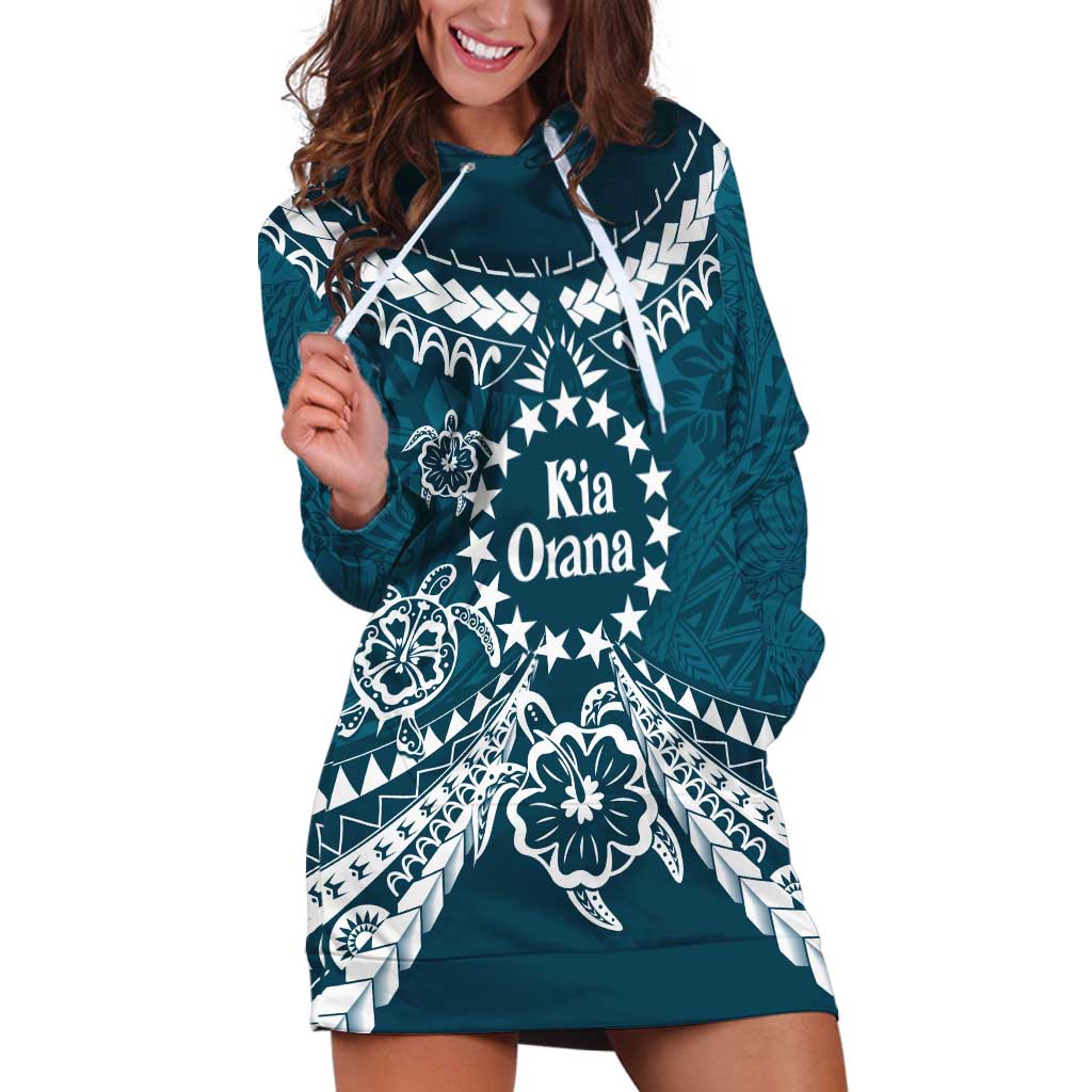 Kia Orana Cook Islands Hoodie Dress Polynesian Turtle Crowberry Blue Color