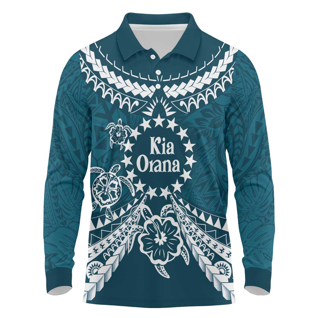 Kia Orana Cook Islands Long Sleeve Polo Shirt Polynesian Turtle Crowberry Blue Color