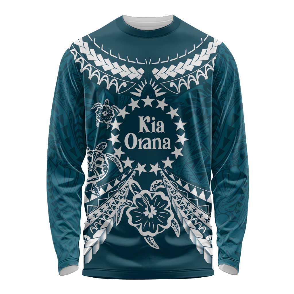 Kia Orana Cook Islands Long Sleeve Shirt Polynesian Turtle Crowberry Blue Color