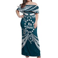 Kia Orana Cook Islands Off Shoulder Maxi Dress Polynesian Turtle Crowberry Blue Color