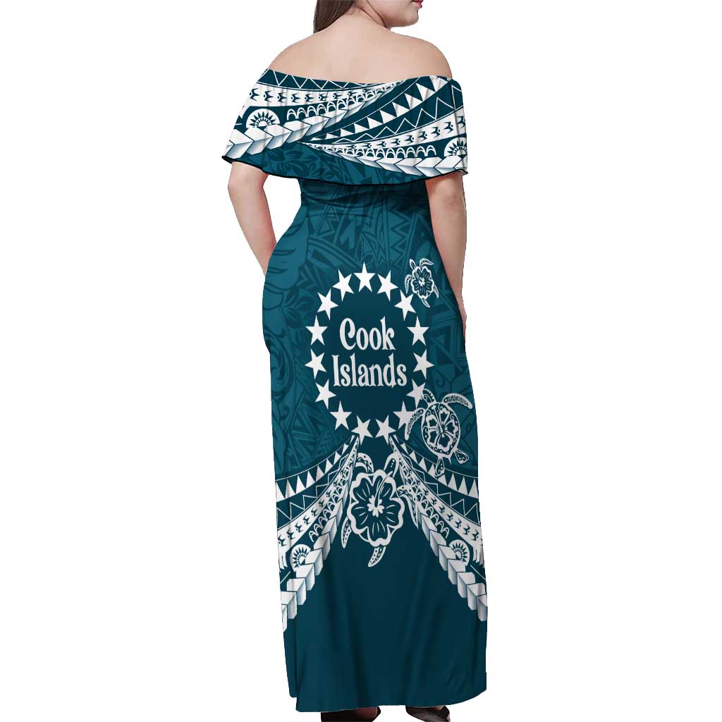 Kia Orana Cook Islands Off Shoulder Maxi Dress Polynesian Turtle Crowberry Blue Color