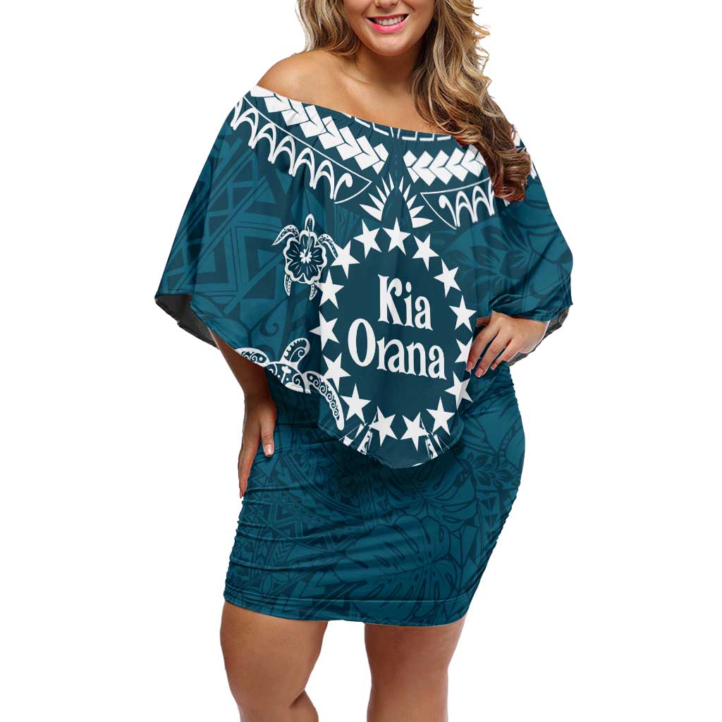 Kia Orana Cook Islands Off Shoulder Short Dress Polynesian Turtle Crowberry Blue Color