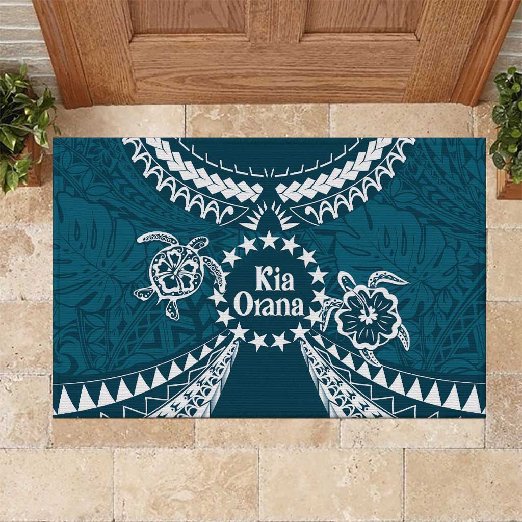Kia Orana Cook Islands Rubber Doormat Polynesian Turtle Crowberry Blue Color