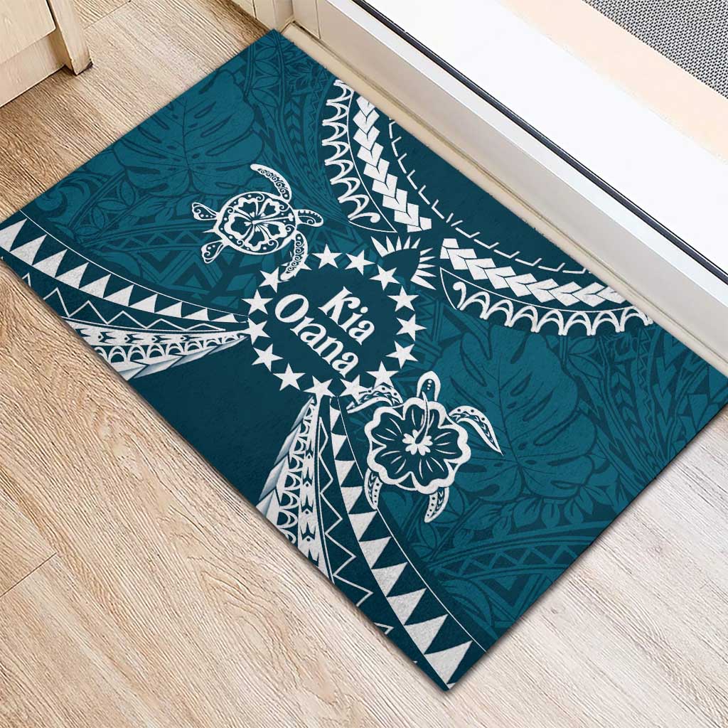 Kia Orana Cook Islands Rubber Doormat Polynesian Turtle Crowberry Blue Color