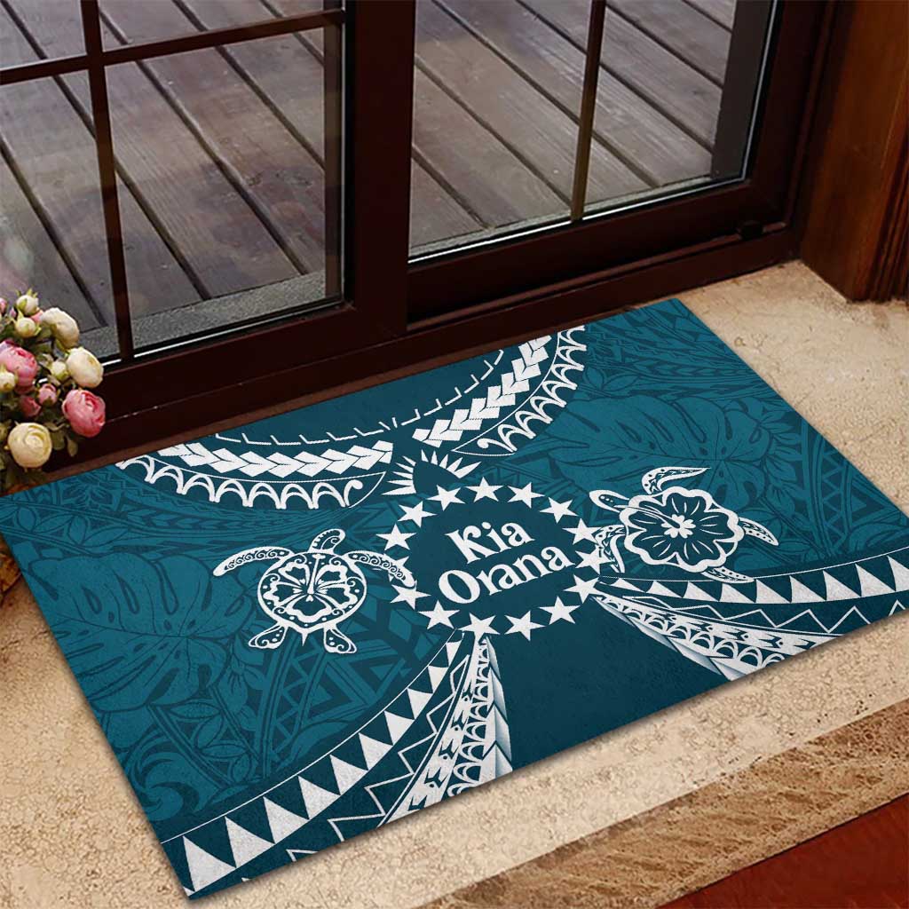 Kia Orana Cook Islands Rubber Doormat Polynesian Turtle Crowberry Blue Color