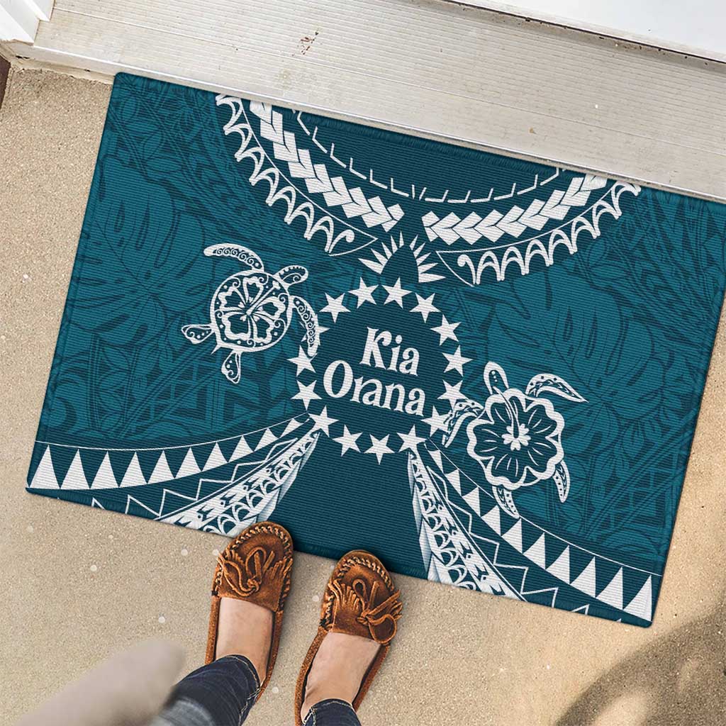 Kia Orana Cook Islands Rubber Doormat Polynesian Turtle Crowberry Blue Color