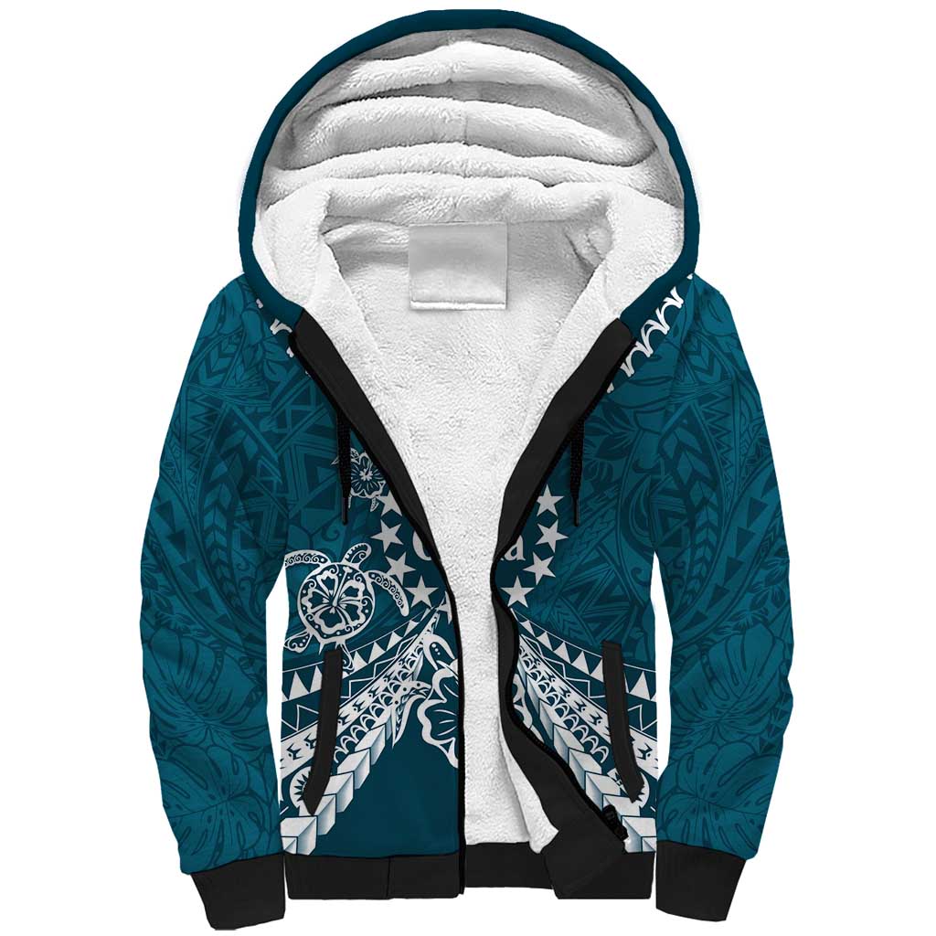 Kia Orana Cook Islands Sherpa Hoodie Polynesian Turtle Crowberry Blue Color