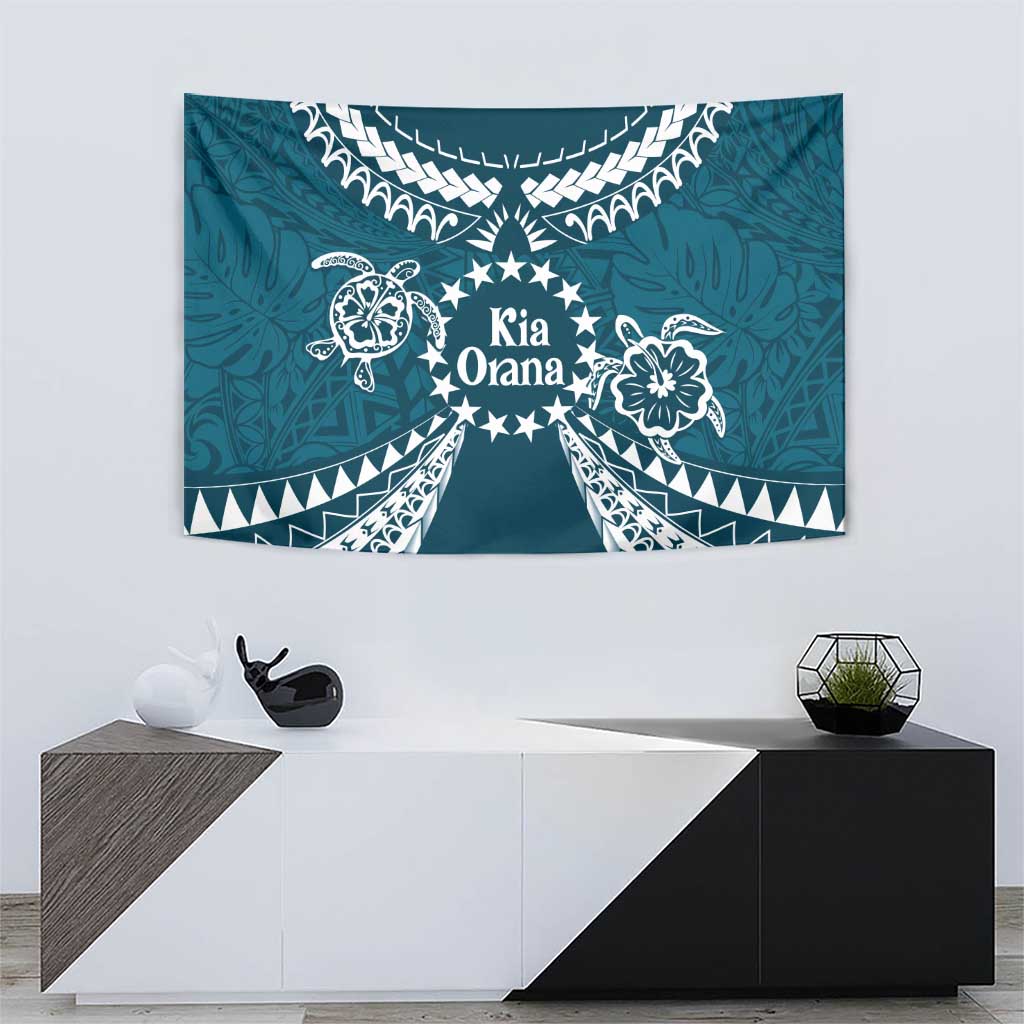 Kia Orana Cook Islands Tapestry Polynesian Turtle Crowberry Blue Color
