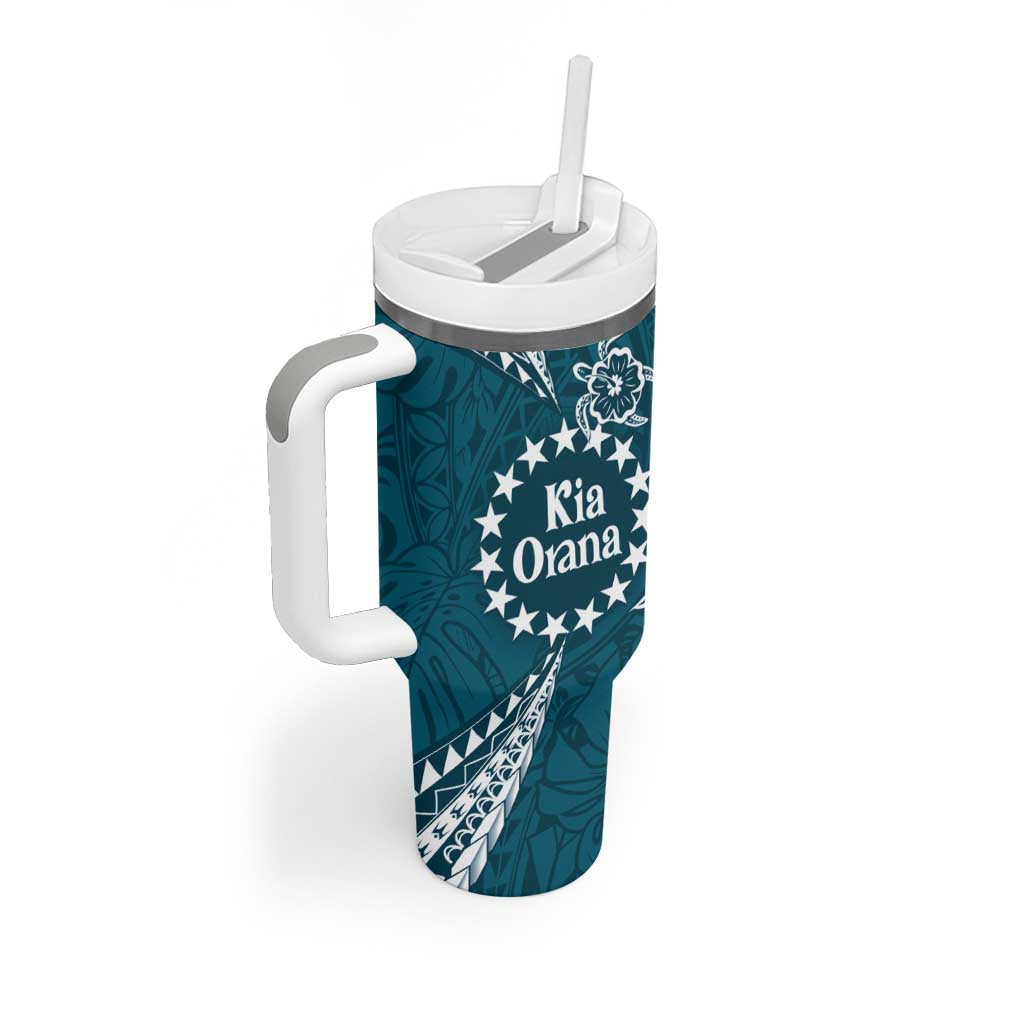 Kia Orana Cook Islands Tumbler With Handle Polynesian Turtle Crowberry Blue Color