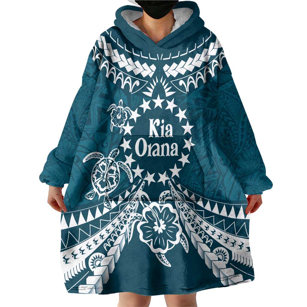 Kia Orana Cook Islands Wearable Blanket Hoodie Polynesian Turtle Crowberry Blue Color
