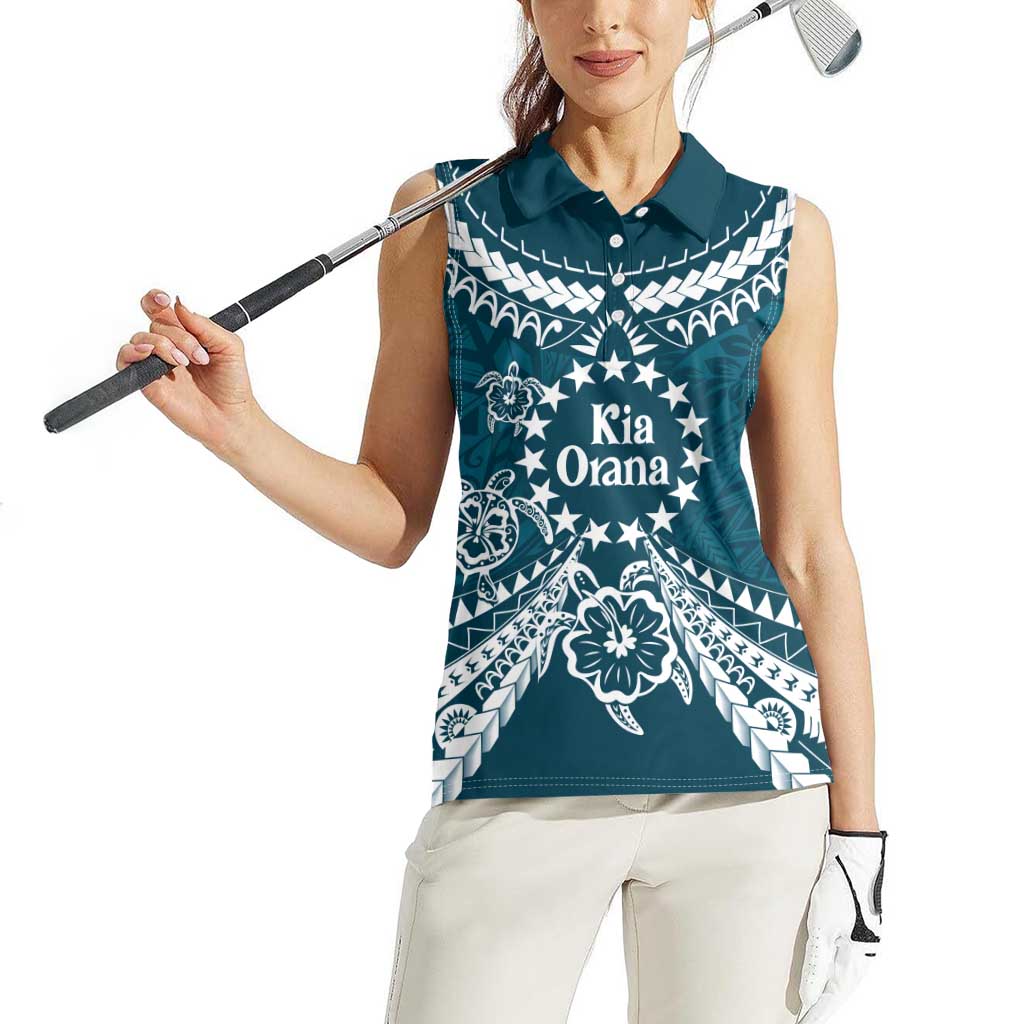 Kia Orana Cook Islands Women Sleeveless Polo Shirt Polynesian Turtle Crowberry Blue Color
