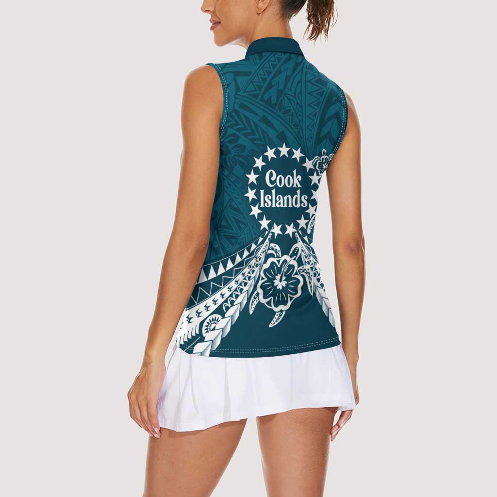 Kia Orana Cook Islands Women Sleeveless Polo Shirt Polynesian Turtle Crowberry Blue Color