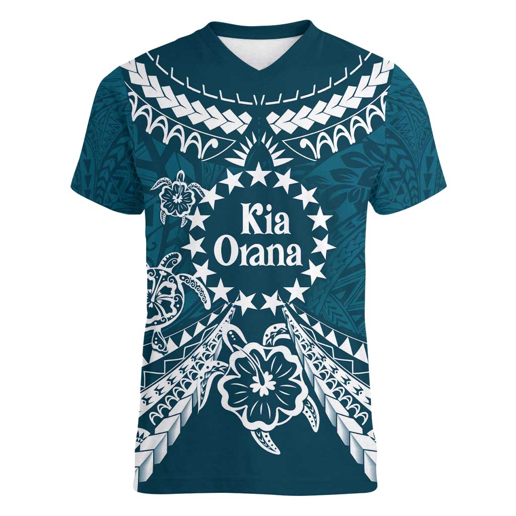 Kia Orana Cook Islands Women V-Neck T-Shirt Polynesian Turtle Crowberry Blue Color