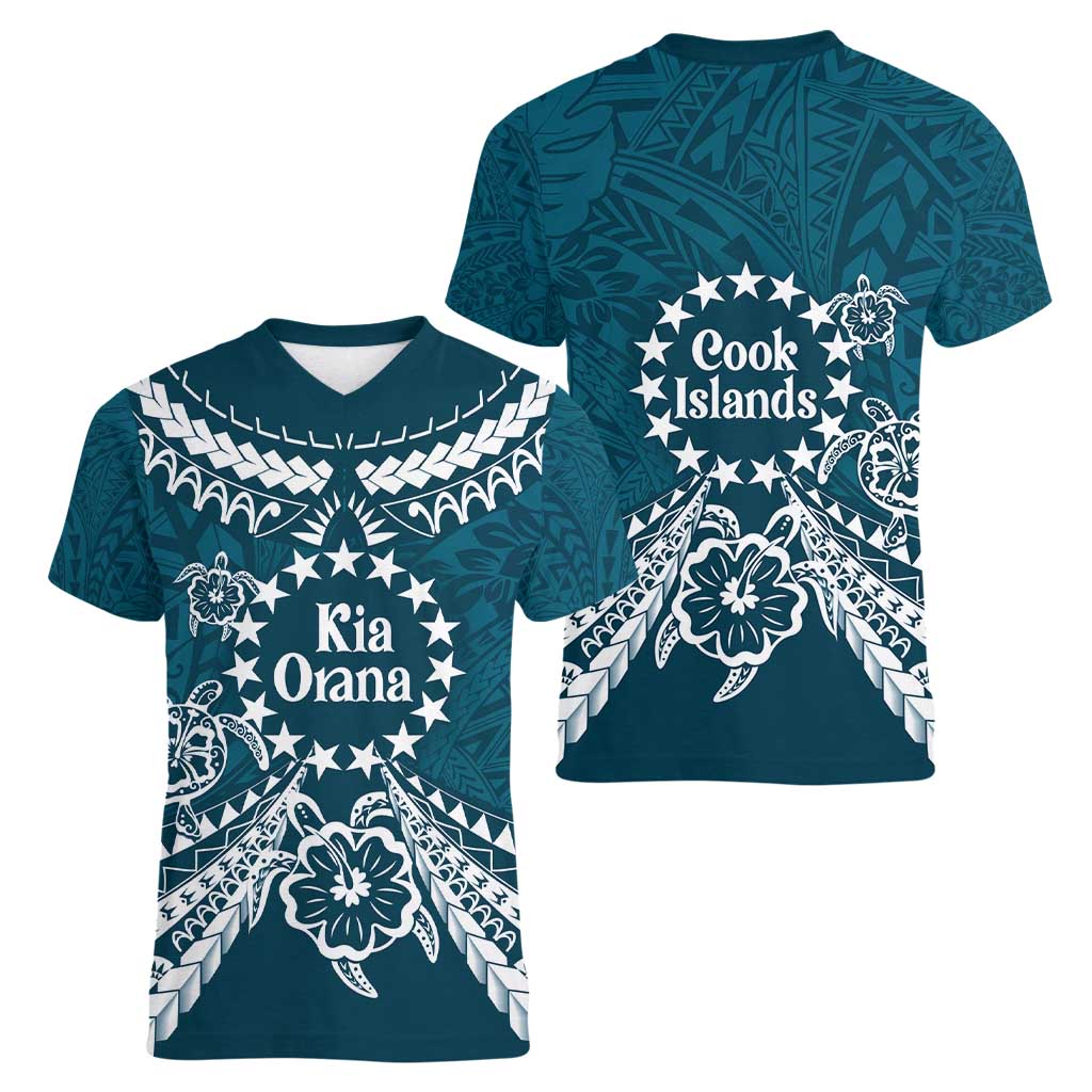 Kia Orana Cook Islands Women V-Neck T-Shirt Polynesian Turtle Crowberry Blue Color