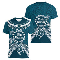 Kia Orana Cook Islands Women V-Neck T-Shirt Polynesian Turtle Crowberry Blue Color