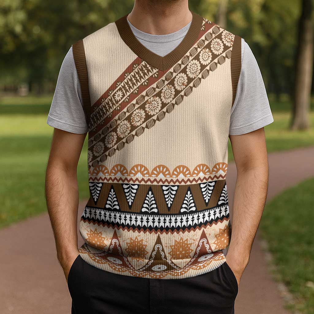 Bula Fiji Christmas Knitted V-Neck Vest 2025 Pasifika Traditional Fijian Masi - Polynesian Pride
