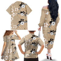 Bula Fiji Iri Buli Family Matching Off The Shoulder Long Sleeve Dress and Hawaiian Shirt Woven Fan With Fijian Tapa