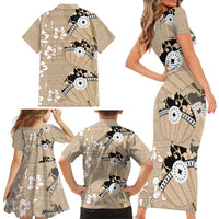 Bula Fiji Iri Buli Family Matching Short Sleeve Bodycon Dress and Hawaiian Shirt Woven Fan With Fijian Tapa