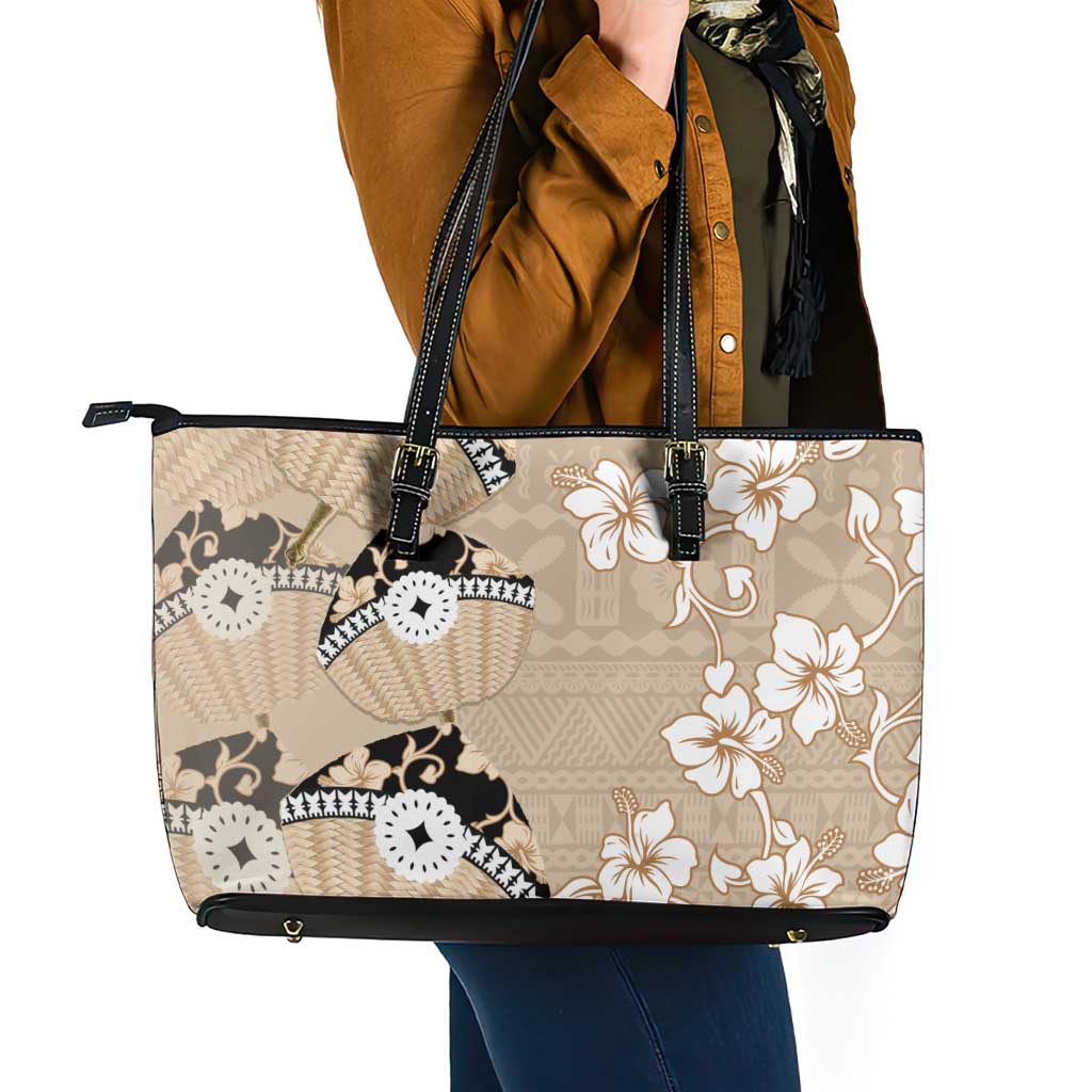 Bula Fiji Iri Buli Leather Tote Bag Woven Fan With Fijian Tapa