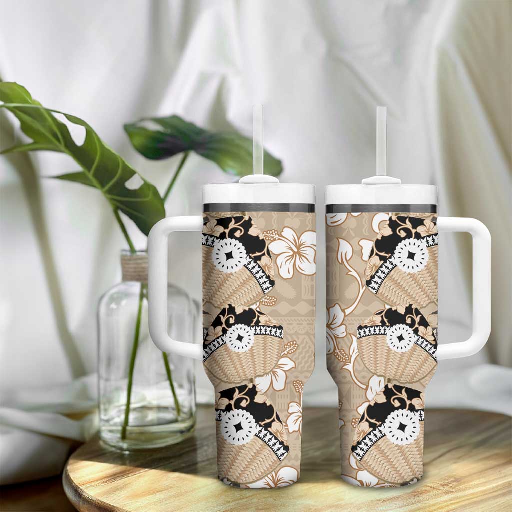 Bula Fiji Iri Buli Tumbler With Handle Woven Fan With Fijian Tapa