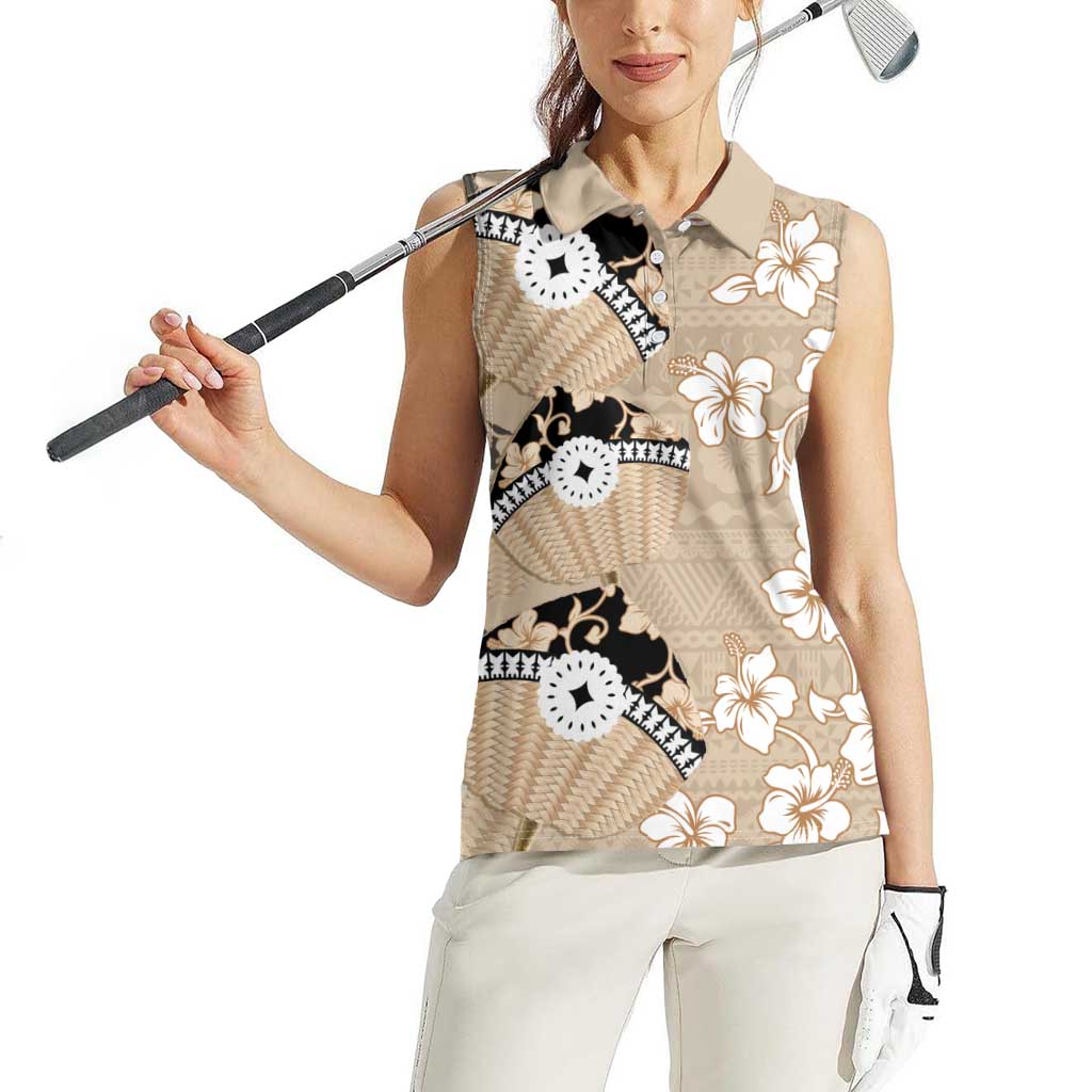 Bula Fiji Iri Buli Women Sleeveless Polo Shirt Woven Fan With Fijian Tapa