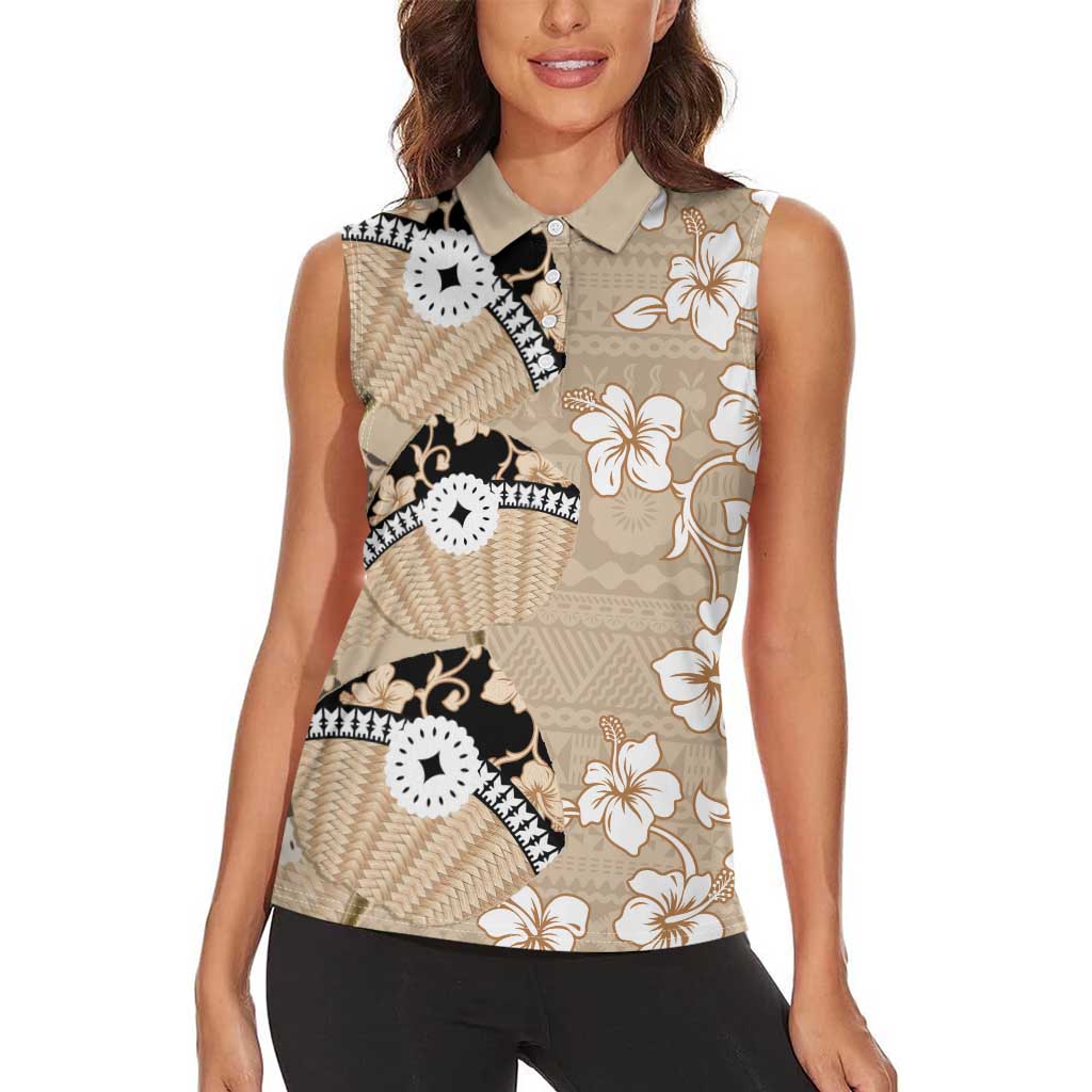 Bula Fiji Iri Buli Women Sleeveless Polo Shirt Woven Fan With Fijian Tapa