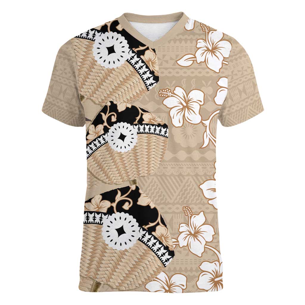 Bula Fiji Iri Buli Women V-Neck T-Shirt Woven Fan With Fijian Tapa