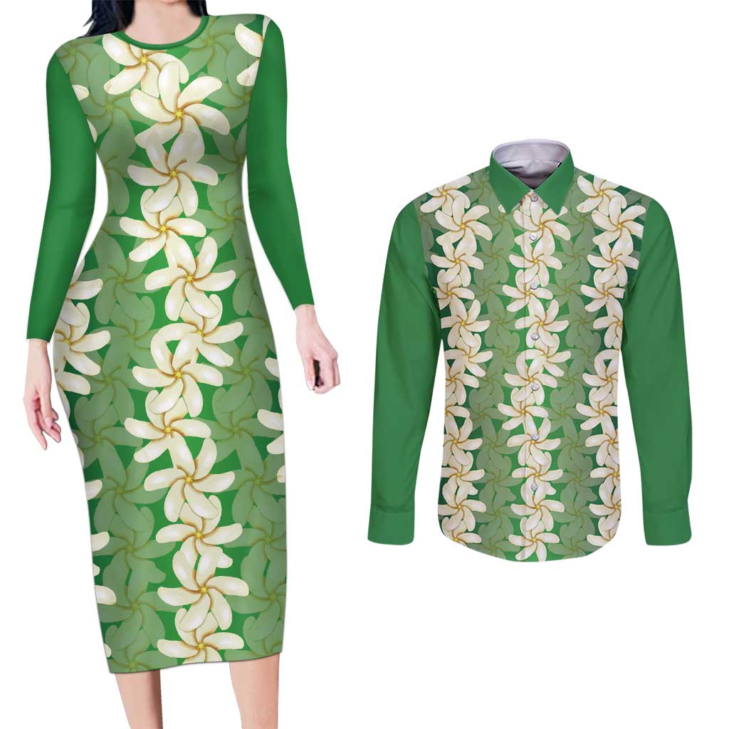 Ia Orana Tahiti Tiare Maori Seamless Style Couples Matching Long Sleeve Bodycon Dress and Long Sleeve Button Shirt LT14 Green - Polynesian Pride