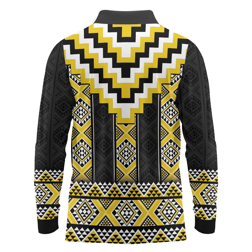 Yellow Taniko Aotearoa Long Sleeve Polo Shirt Niho Taniwha Mix Poutama