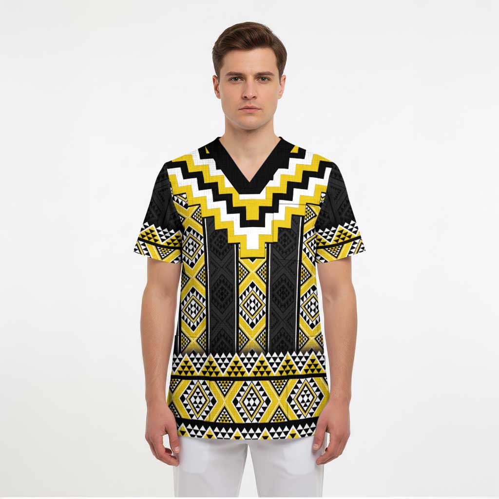 Yellow Taniko Aotearoa Scrub Top Niho Taniwha Mix Poutama - Polynesian Pride