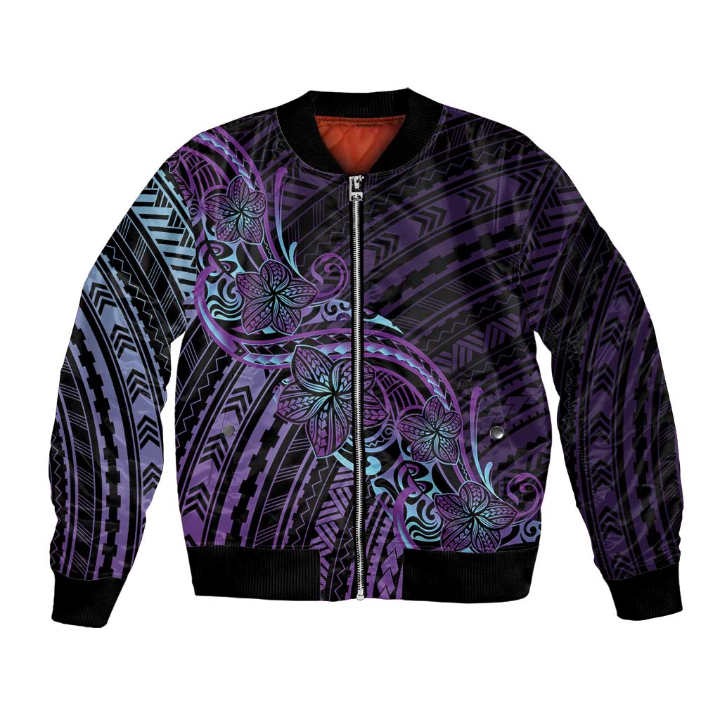 Teal Purple Polynesia Plumeria Tattoo Bomber Jacket LT14 Unisex Purple - Polynesian Pride