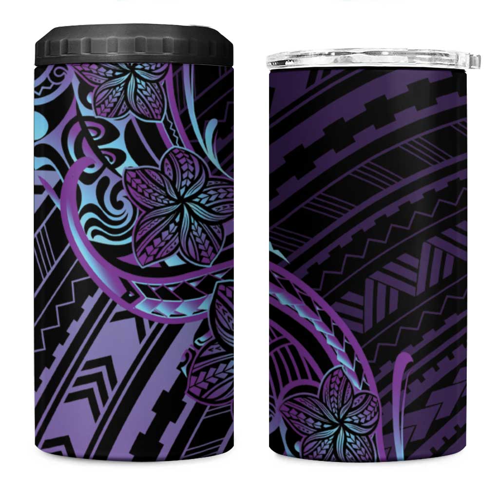 Teal Purple Polynesia Plumeria Tattoo 4 in 1 Can Cooler Tumbler