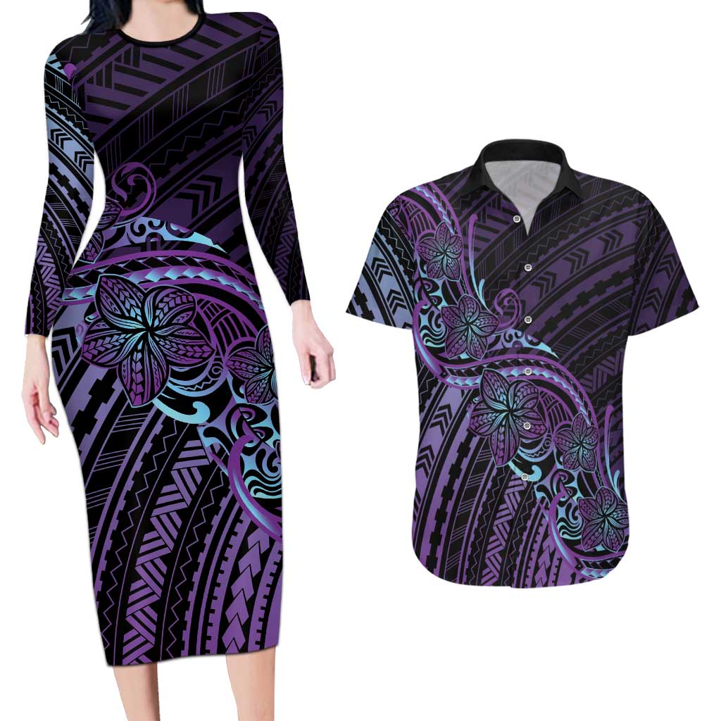 Teal Purple Polynesia Plumeria Tattoo Couples Matching Long Sleeve Bodycon Dress and Hawaiian Shirt LT14 Purple - Polynesian Pride