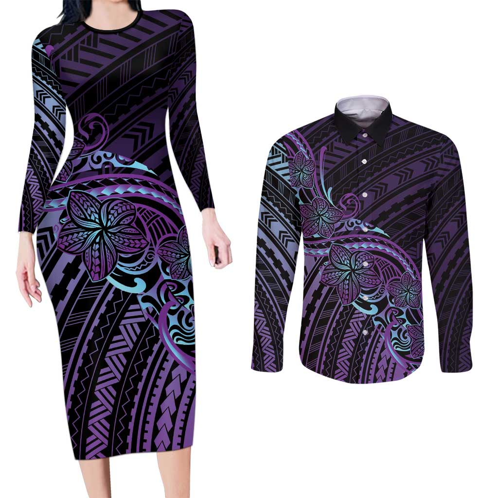 Teal Purple Polynesia Plumeria Tattoo Couples Matching Long Sleeve Bodycon Dress and Long Sleeve Button Shirt LT14 Purple - Polynesian Pride