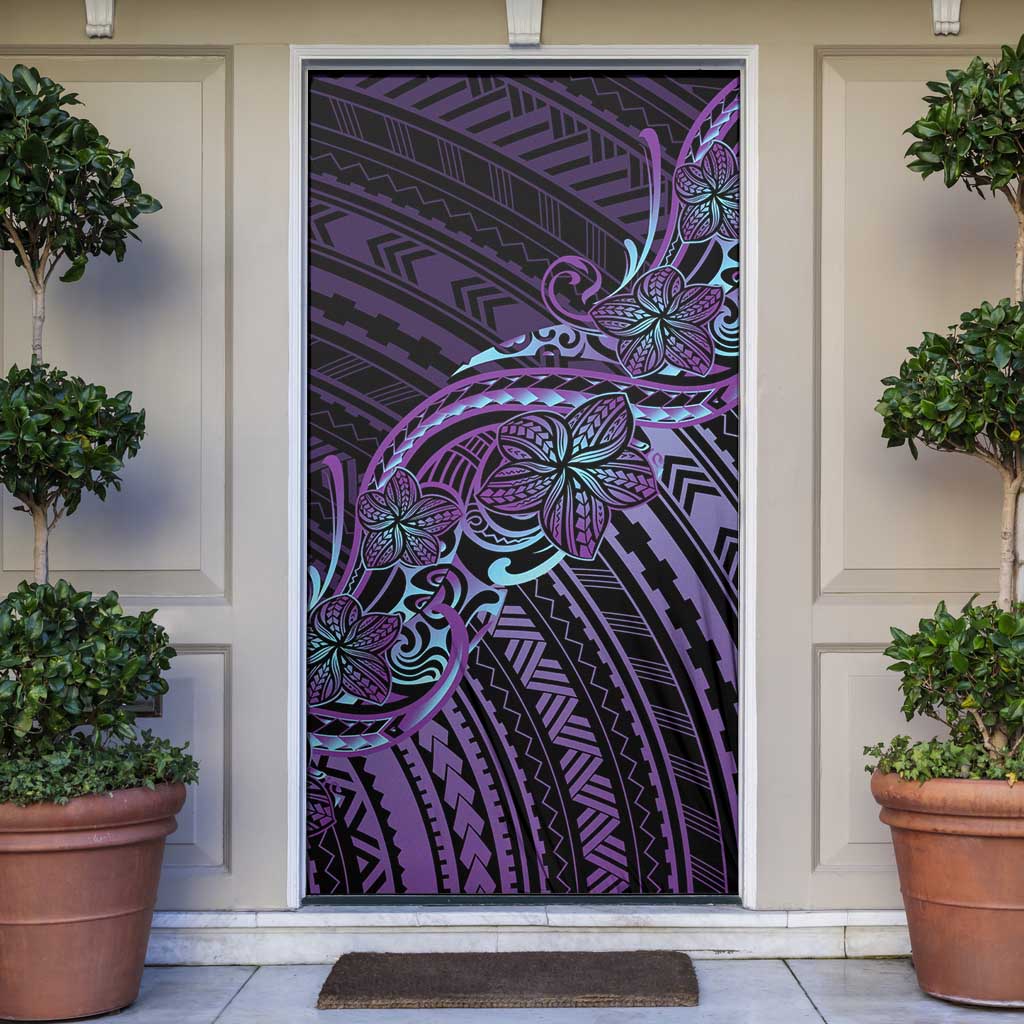 Teal Purple Polynesia Plumeria Tattoo Door Cover