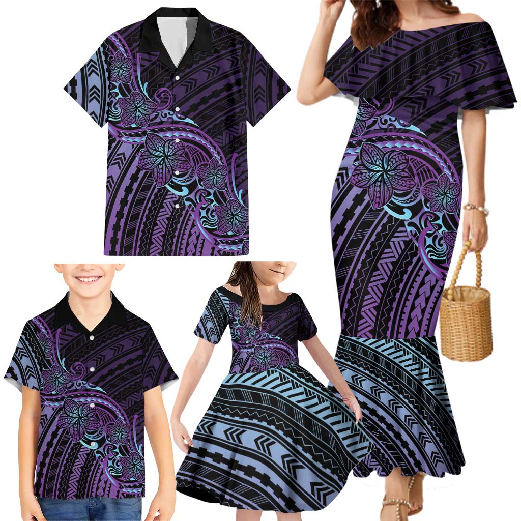 Teal Purple Polynesia Plumeria Tattoo Family Matching Mermaid Dress and Hawaiian Shirt LT14 - Polynesian Pride