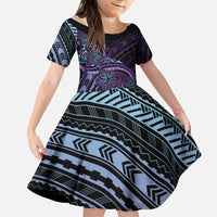 Teal Purple Polynesia Plumeria Tattoo Family Matching Off The Shoulder Long Sleeve Dress and Hawaiian Shirt LT14 Daughter's Dress Purple - Polynesian Pride