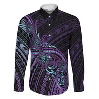 Teal Purple Polynesia Plumeria Tattoo Family Matching Off The Shoulder Long Sleeve Dress and Hawaiian Shirt LT14 Dad's Shirt - Long Sleeve Purple - Polynesian Pride