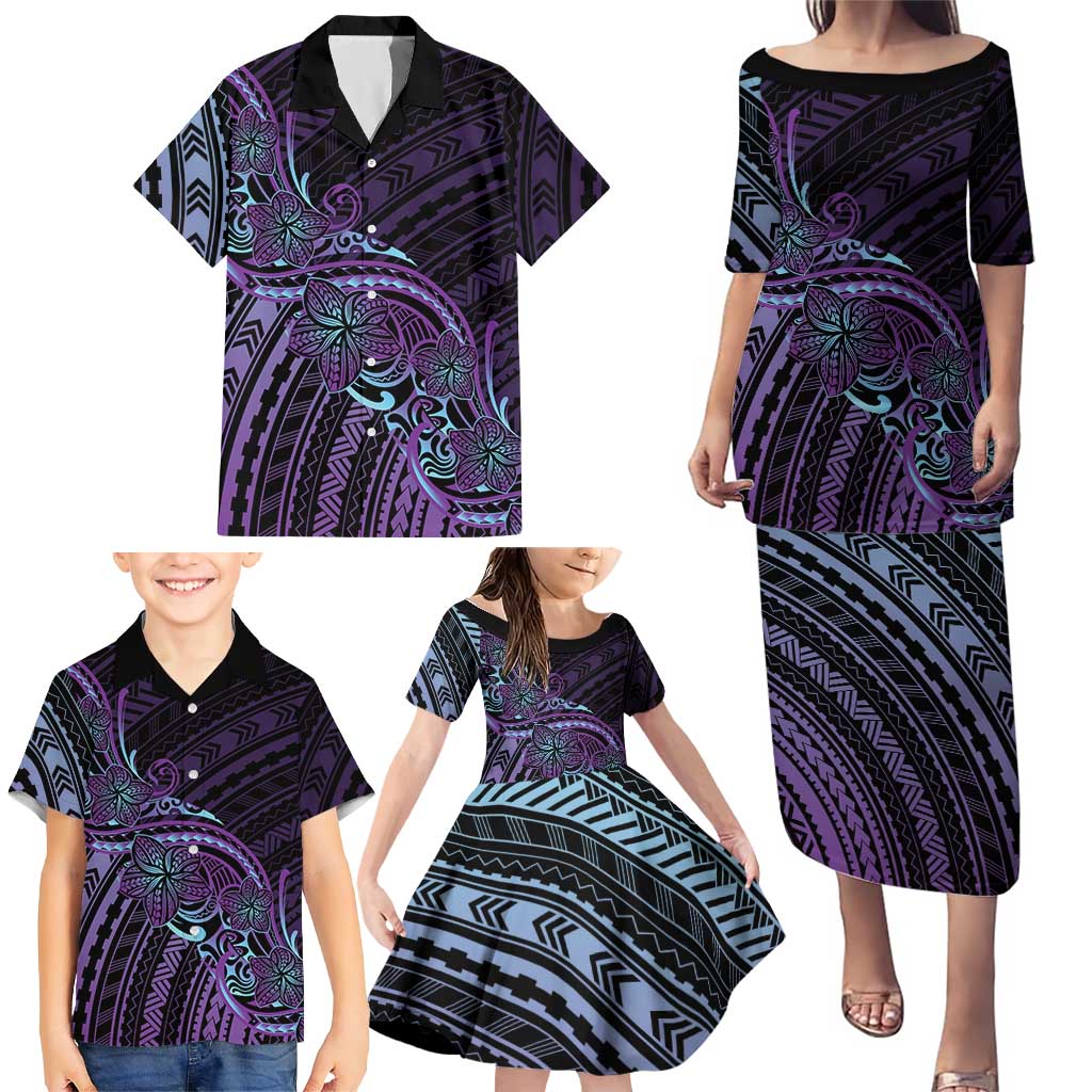 Teal Purple Polynesia Plumeria Tattoo Family Matching Puletasi and Hawaiian Shirt LT14 - Polynesian Pride