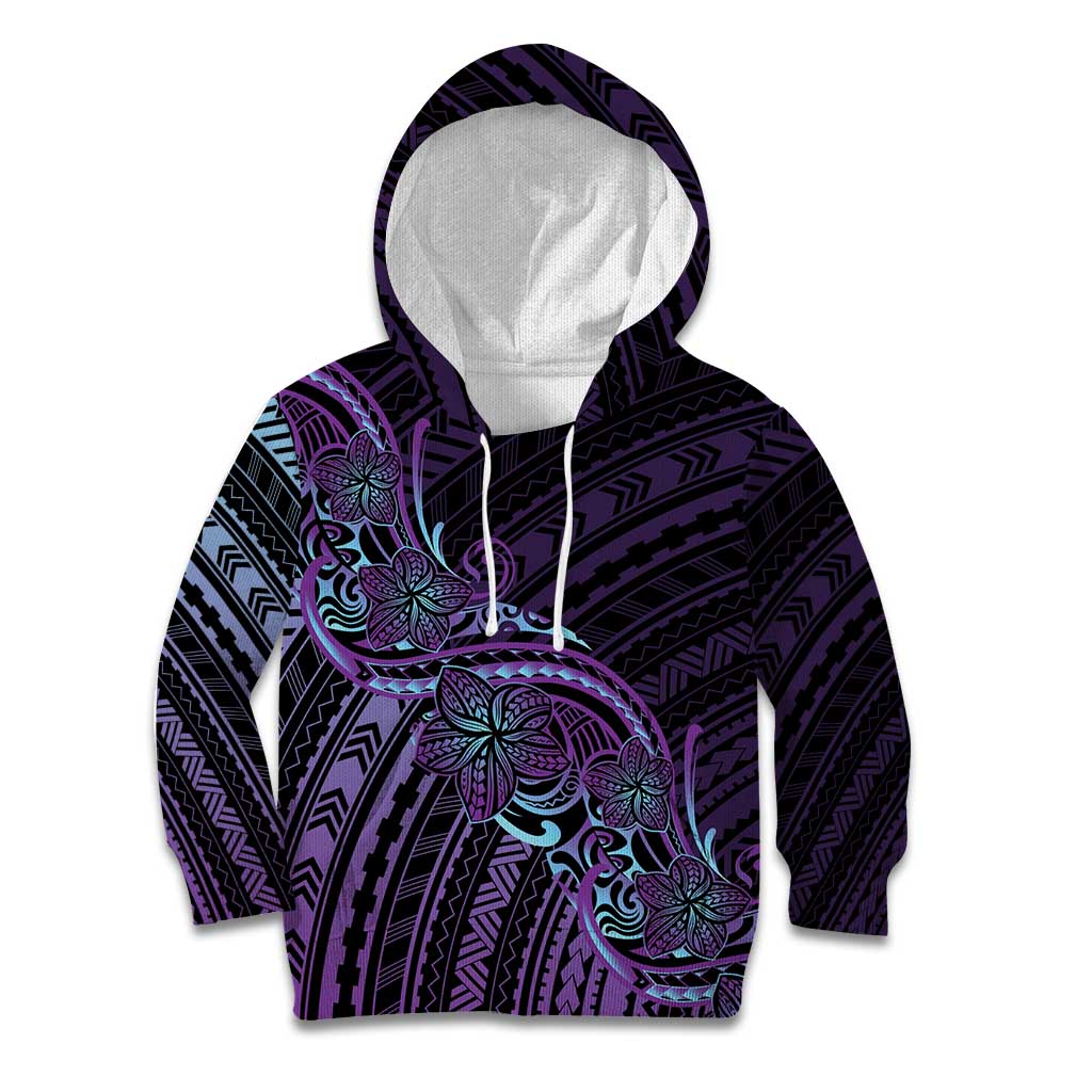Teal Purple Polynesia Plumeria Tattoo Kid Hoodie