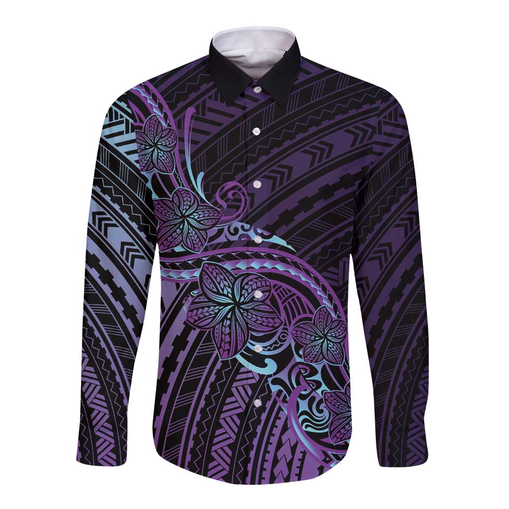 Teal Purple Polynesia Plumeria Tattoo Long Sleeve Button Shirt