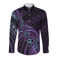 Teal Purple Polynesia Plumeria Tattoo Long Sleeve Button Shirt