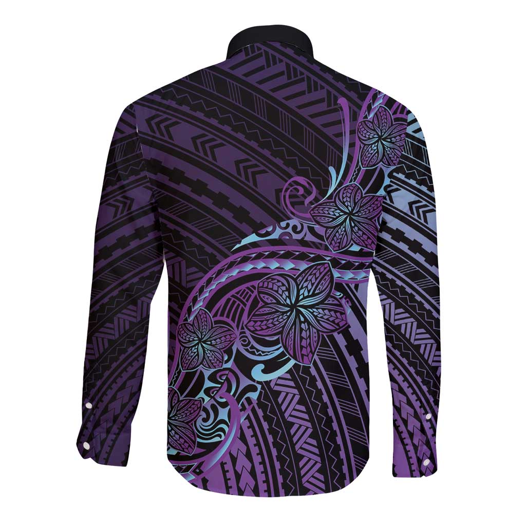 Teal Purple Polynesia Plumeria Tattoo Long Sleeve Button Shirt