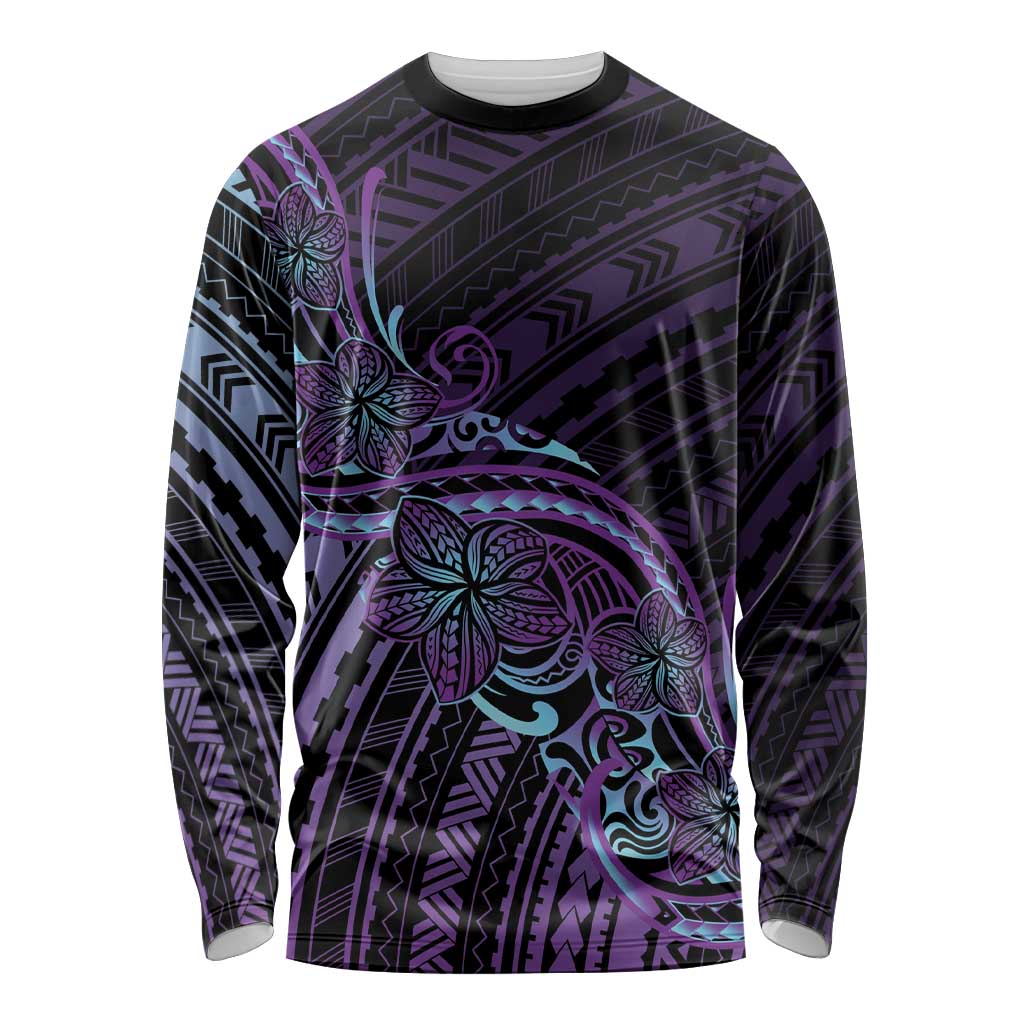Teal Purple Polynesia Plumeria Tattoo Long Sleeve Shirt