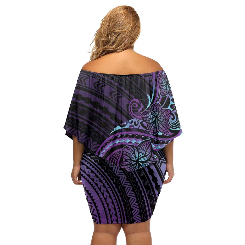Teal Purple Polynesia Plumeria Tattoo Off Shoulder Short Dress