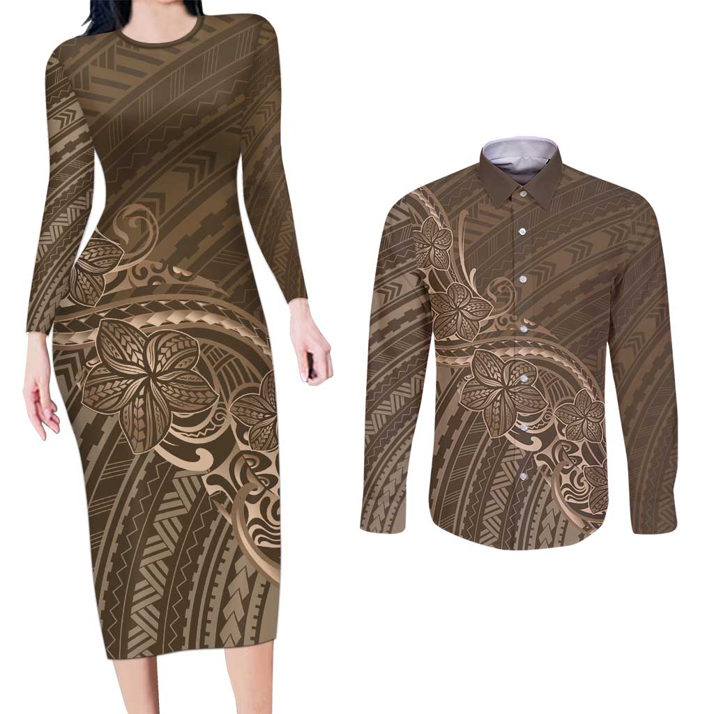 Brown Polynesia Plumeria Tattoo Couples Matching Long Sleeve Bodycon Dress and Long Sleeve Button Shirt LT14 Brown - Polynesian Pride