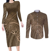 Brown Polynesia Plumeria Tattoo Couples Matching Long Sleeve Bodycon Dress and Long Sleeve Button Shirt LT14 Brown - Polynesian Pride