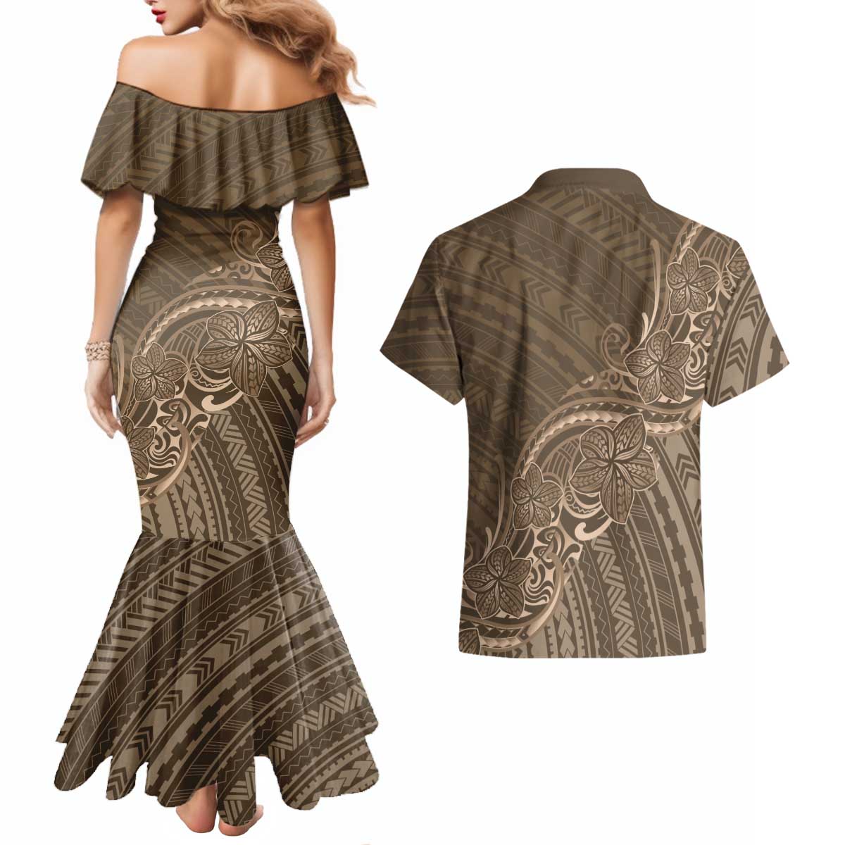 Brown Polynesia Plumeria Tattoo Couples Matching Mermaid Dress and Hawaiian Shirt LT14 - Polynesian Pride