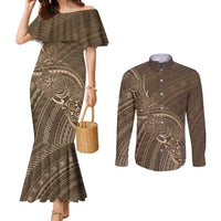 Brown Polynesia Plumeria Tattoo Couples Matching Mermaid Dress and Long Sleeve Button Shirt LT14 Brown - Polynesian Pride