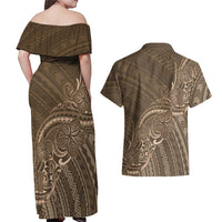 Brown Polynesia Plumeria Tattoo Couples Matching Off Shoulder Maxi Dress and Hawaiian Shirt LT14 - Polynesian Pride